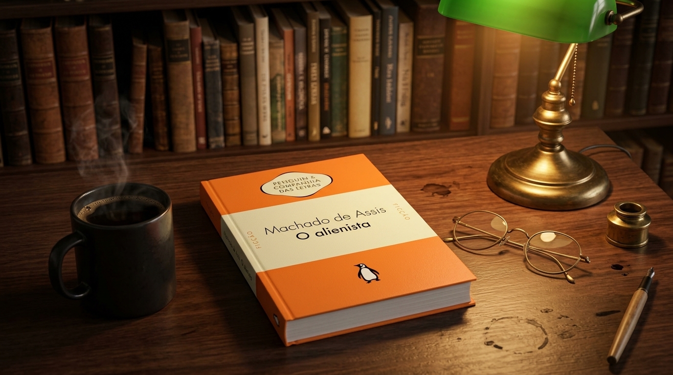 Livro O Alienista, de Machado de Assis, em edição Penguin Companhia das Letras sobre mesa de madeira com café, óculos e luminária verde.