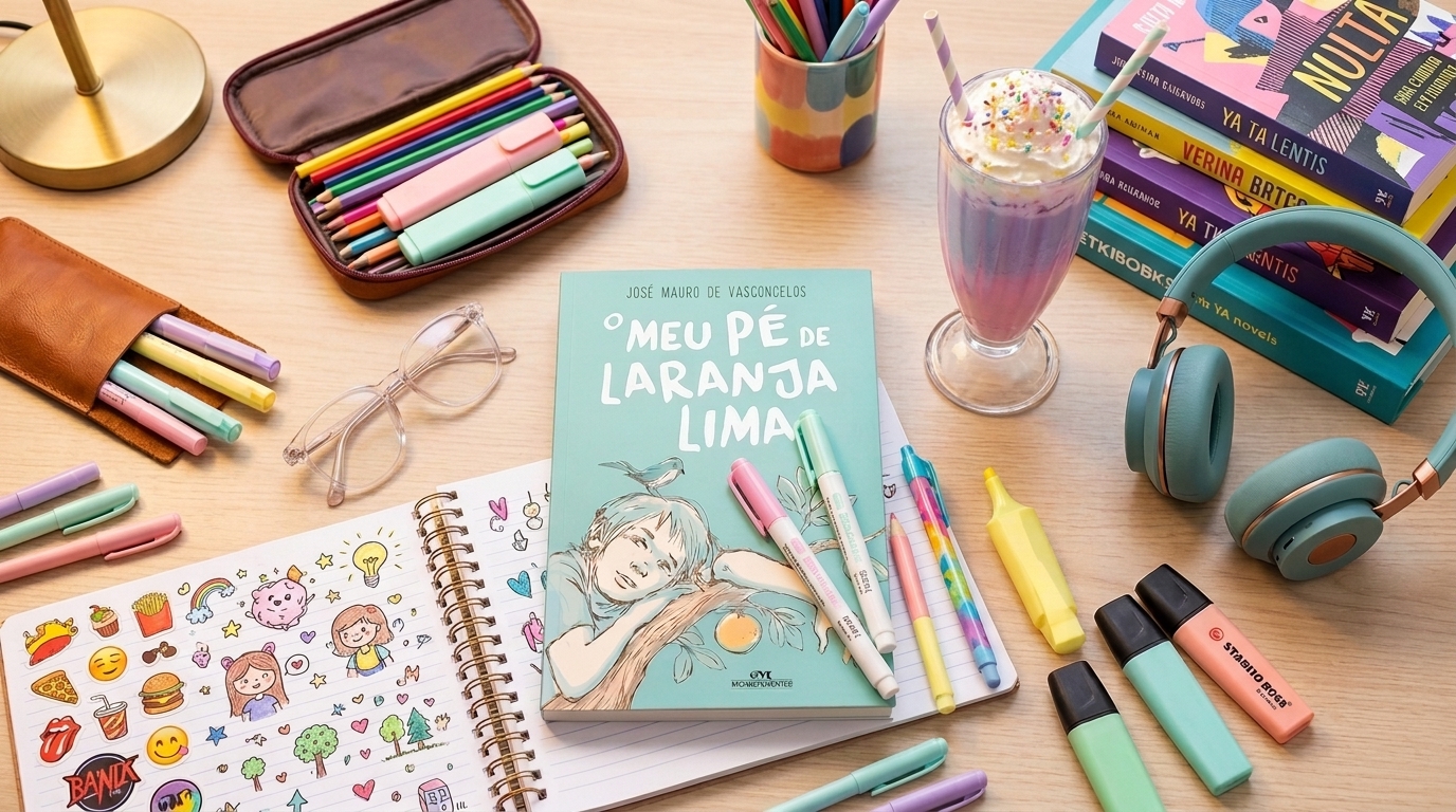 Livro O Meu Pé de Laranja Lima de José Mauro de Vasconcelos aberto em uma mesa de estudos com marcadores de texto pastel, caderno e fones de ouvido