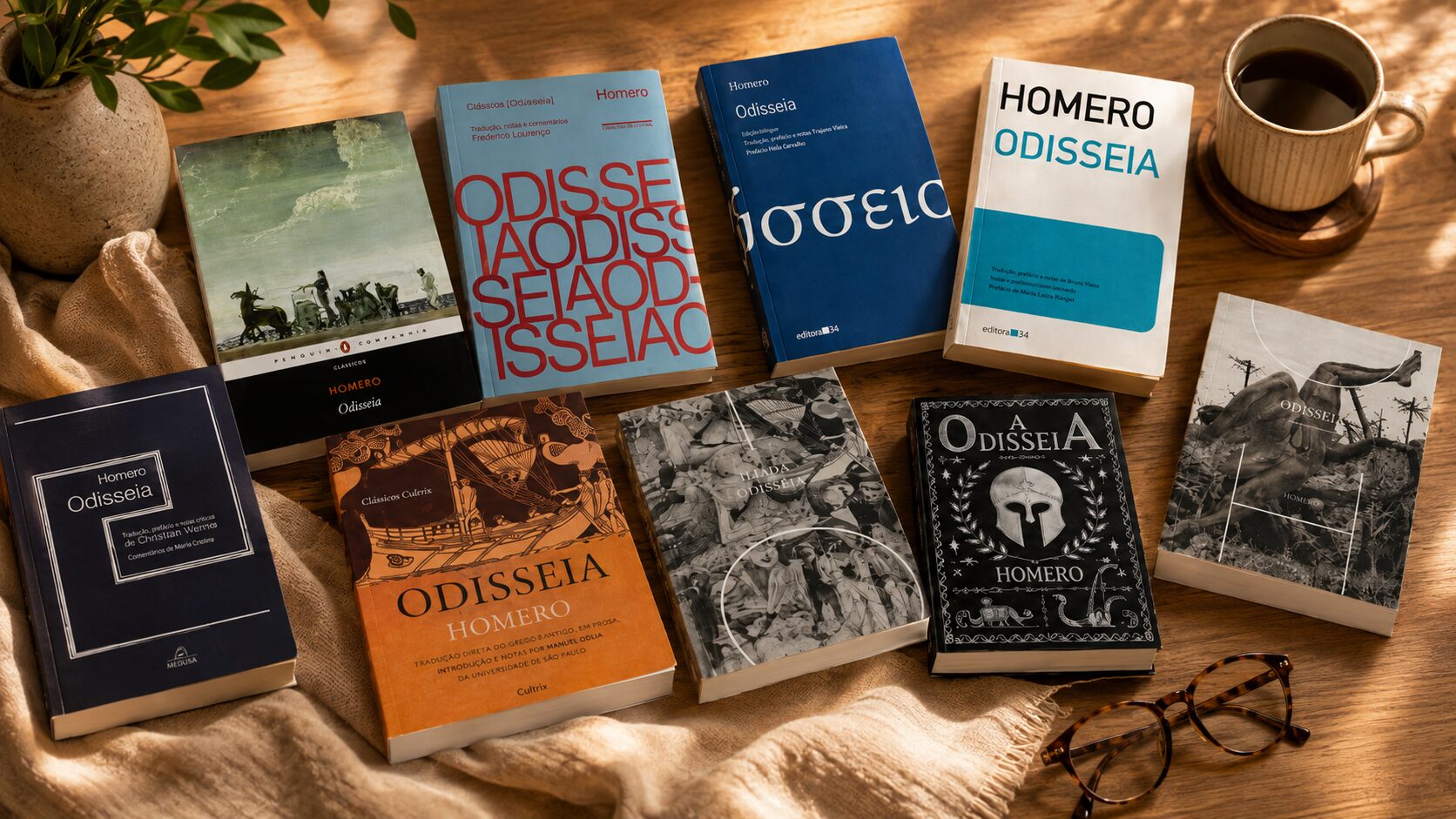 Principais edições integrais da Odisseia de Homero em português, com traduções de Frederico Lourenço, Trajano Vieira, Christian Werner, Leonardo Antunes, Jayme Bruna e Odorico Mendes
