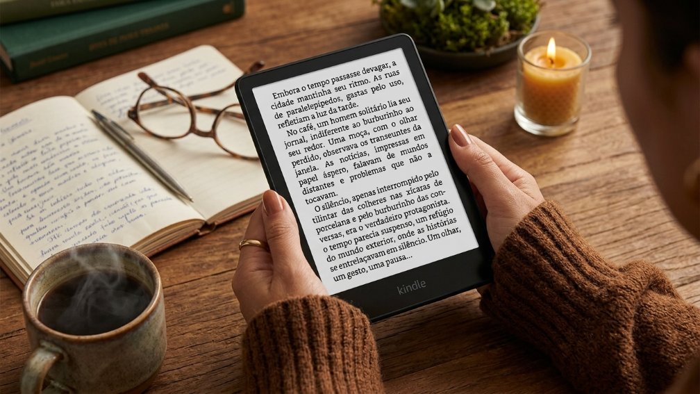 Pessoa com suéter marrom segurando um leitor digital Kindle exibindo texto em português. O aparelho está sobre uma mesa de madeira aconchegante, acompanhado de uma xícara de café fumegante, um caderno aberto com caneta, óculos de grau e uma vela acesa.