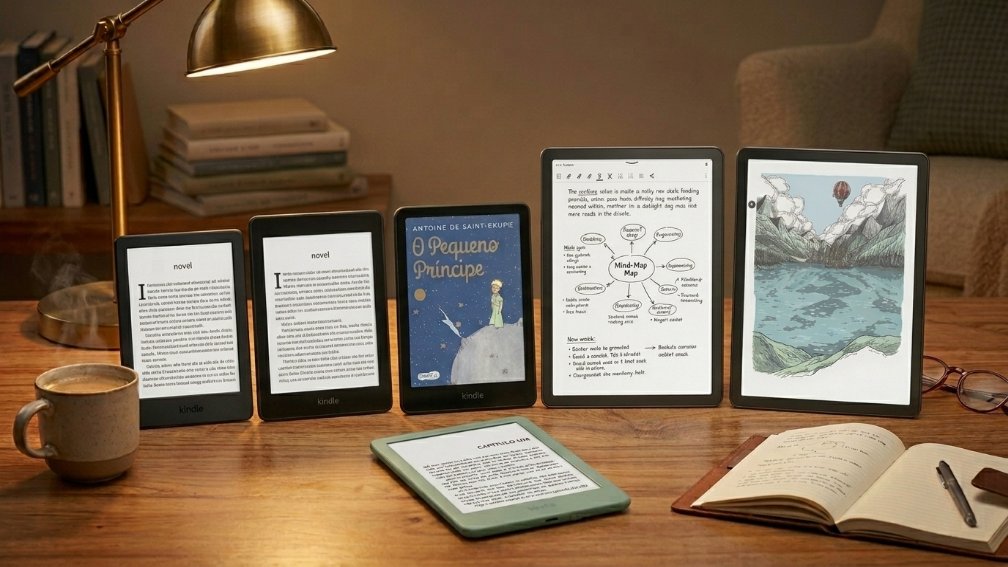 Seis leitores digitais Kindle sobre uma mesa de madeira rústica. Cinco aparelhos estão em pé alinhados ao fundo exibindo textos, a capa do livro "O Pequeno Príncipe", um mapa mental e a ilustração de uma paisagem. Um sexto aparelho, na cor verde, repousa deitado em primeiro plano. O cenário inclui uma caneca fumegante, luminária acesa, óculos e um caderno aberto com caneta.