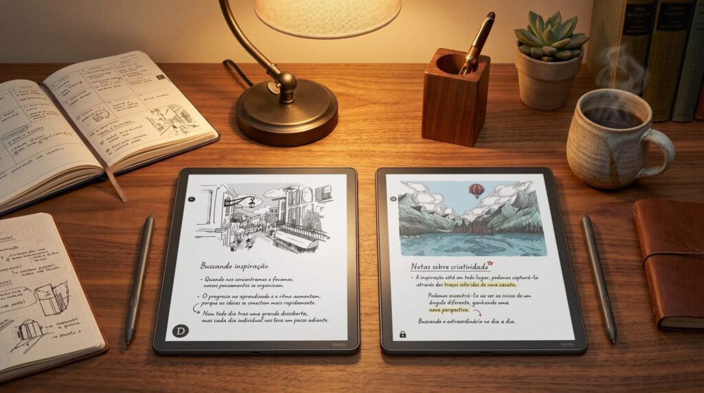 Dois leitores digitais sobre uma mesa de madeira iluminada por uma luminária. À esquerda, o Kindle Scribe em preto e branco exibe o desenho de uma rua e anotações sobre inspiração. À direita, o Kindle Scribe Colorsoft exibe em cores o desenho de uma paisagem com montanhas e balão, além de notas sobre criatividade com marcações em amarelo. Ambos possuem canetas stylus ao lado. O cenário inclui cadernos, caneca de café e uma pequena planta.