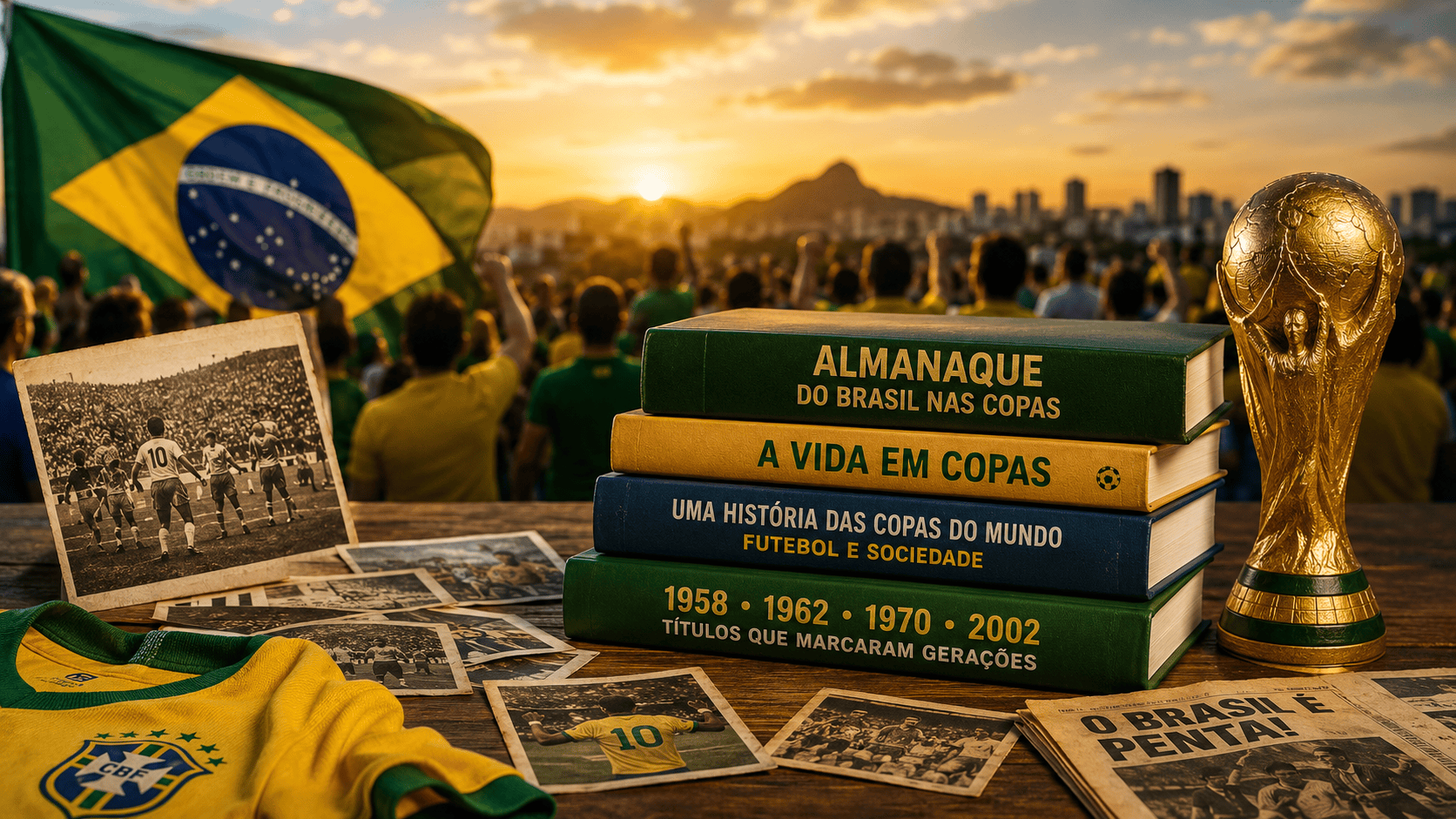 Torcedores brasileiros, livros e memórias da Copa do Mundo.