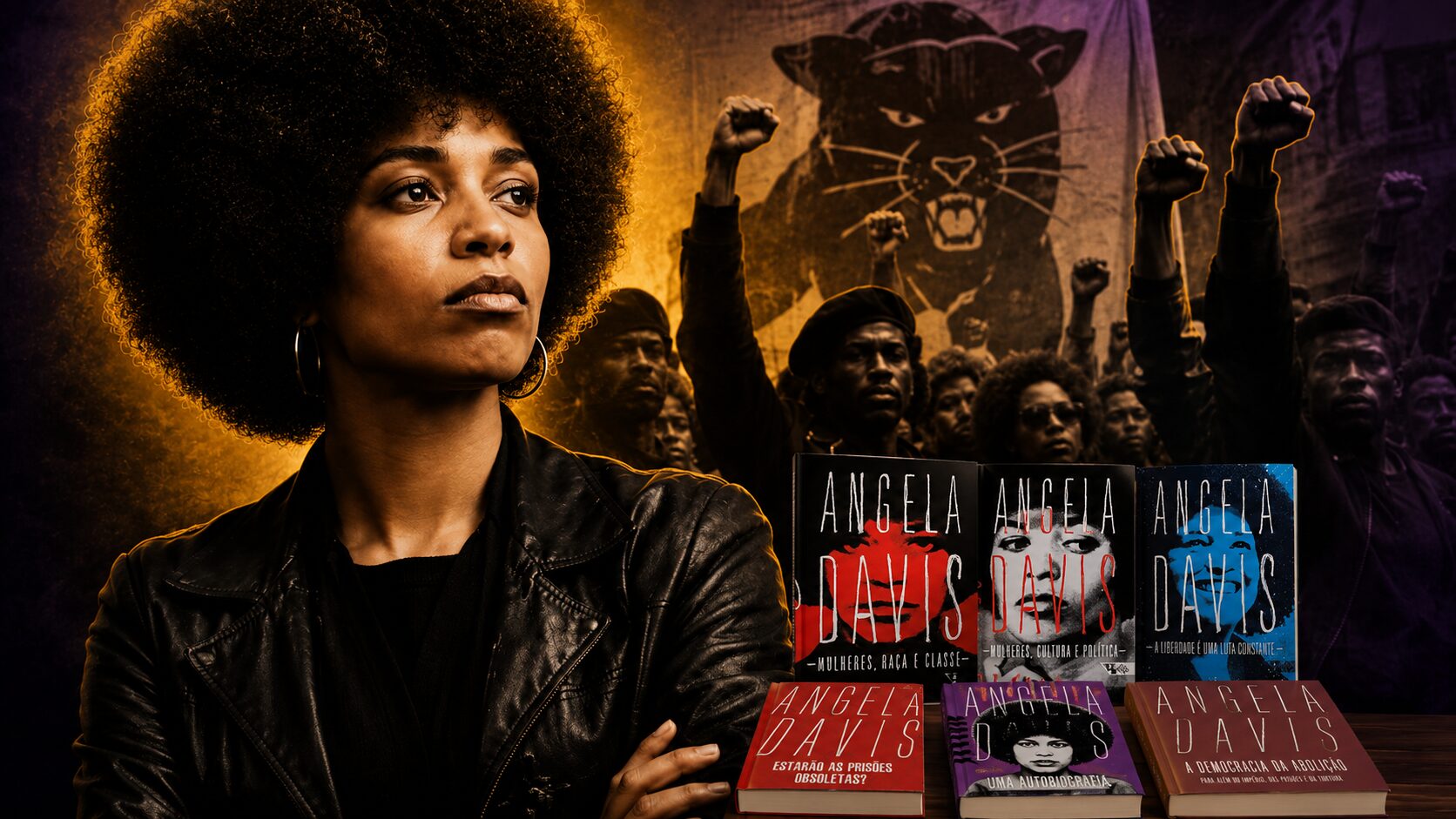Ilustração editorial de Angela Davis com manifestação dos Panteras Negras e livros da autora em primeiro plano