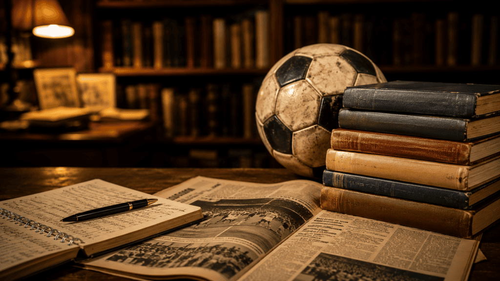 Bola de futebol antiga ao lado de livros, jornal esportivo e caderno de anotações, representando a relação entre futebol e literatura.