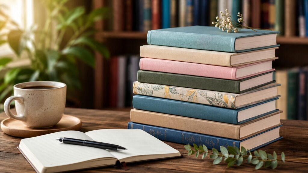 Livros e caderno de estudo para a lista de autoras da Fuvest 2026