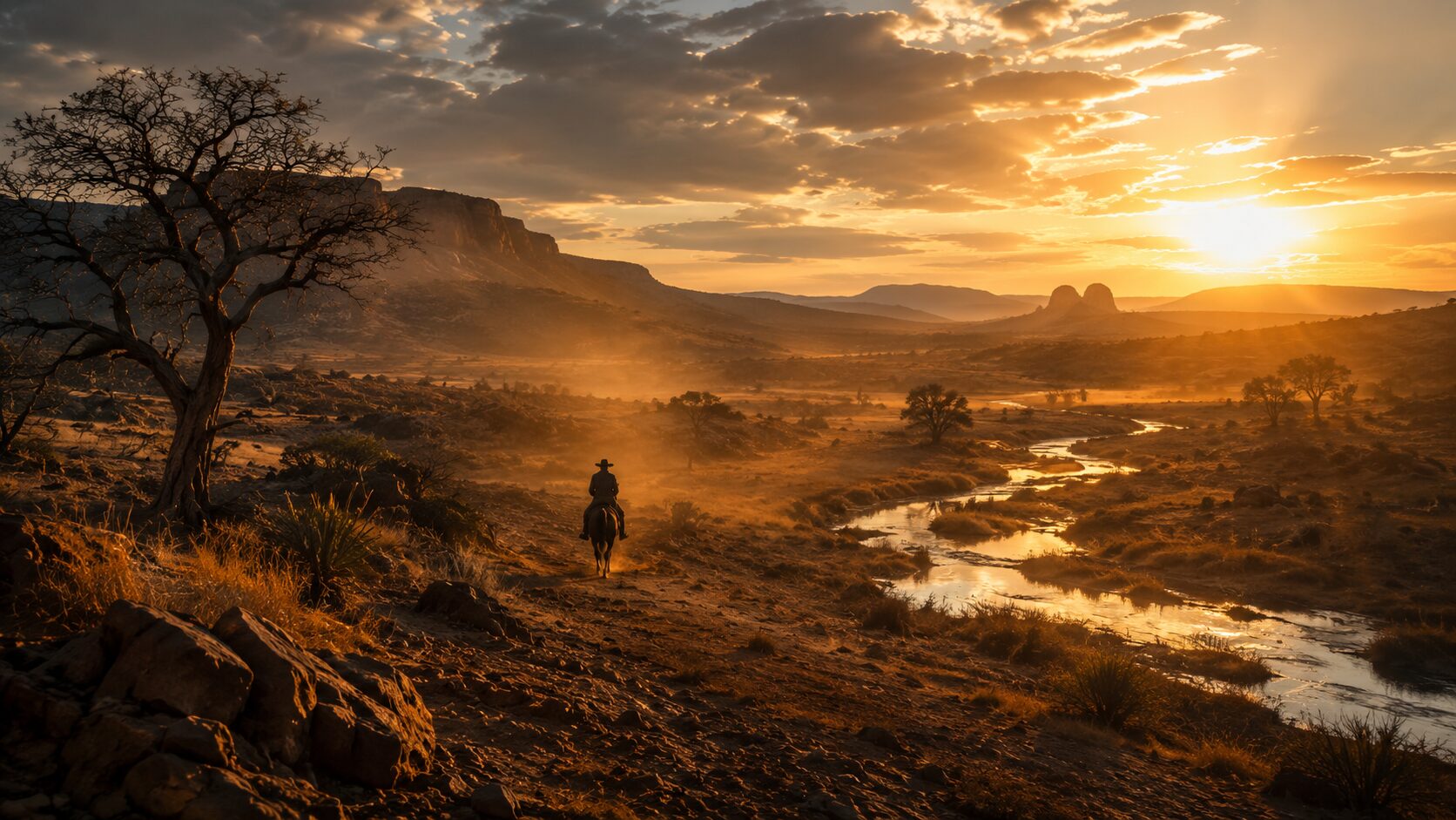 Cavaleiro solitário percorre uma vereda no sertão ao pôr do sol, entre árvores secas, rio e montanhas.