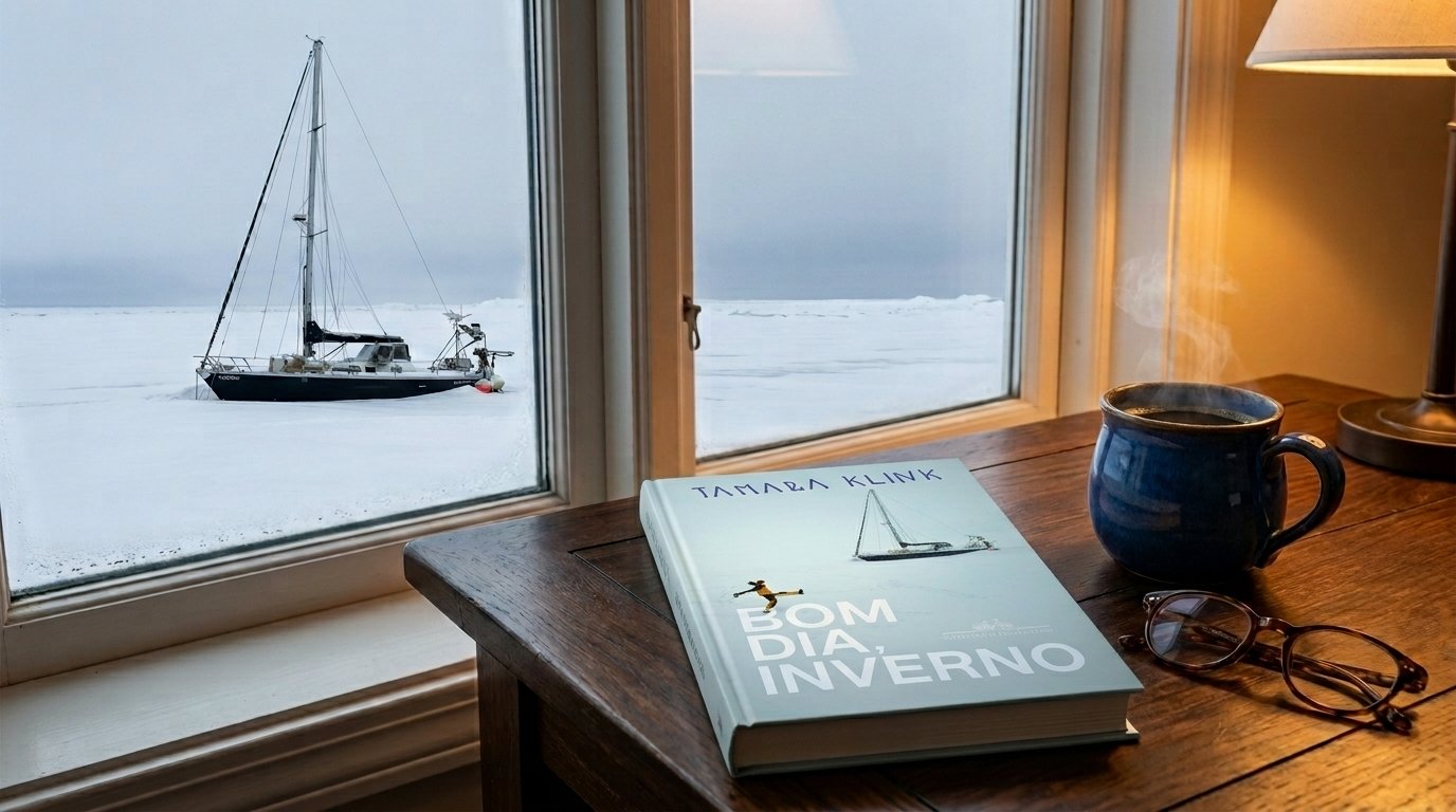 Exemplar do livro "Bom dia, inverno" de Tamara Klink sobre uma mesa de madeira, ao lado de uma caneca fumegante e óculos de leitura. Ao fundo, uma janela exibe a vista de um veleiro preso em uma vasta paisagem de gelo, cenário idêntico ao da capa do livro.