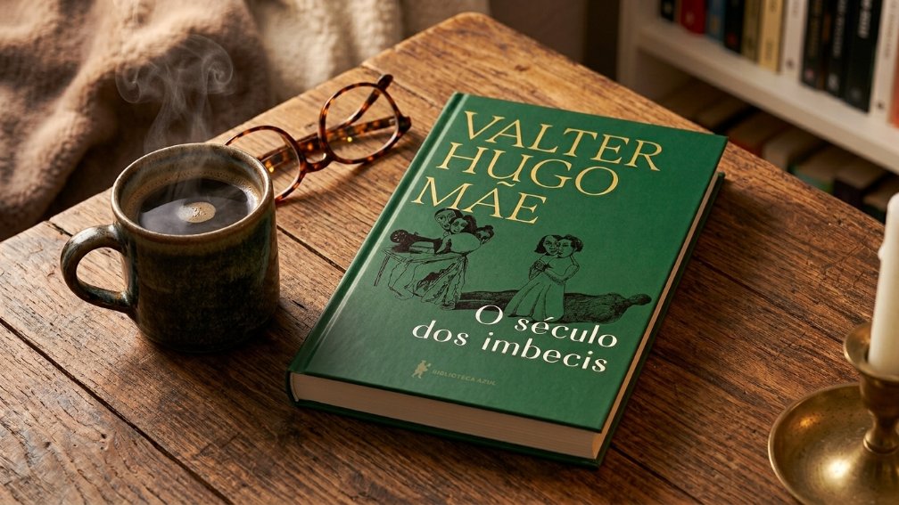 Exemplar físico do livro "O século dos imbecis" de Valter Hugo Mãe, com capa verde, repousando sobre uma mesa rústica de madeira. Ao lado do livro, há uma caneca de cerâmica escura com café fumegante, óculos de leitura com armação tartaruga e um castiçal de metal com vela branca.