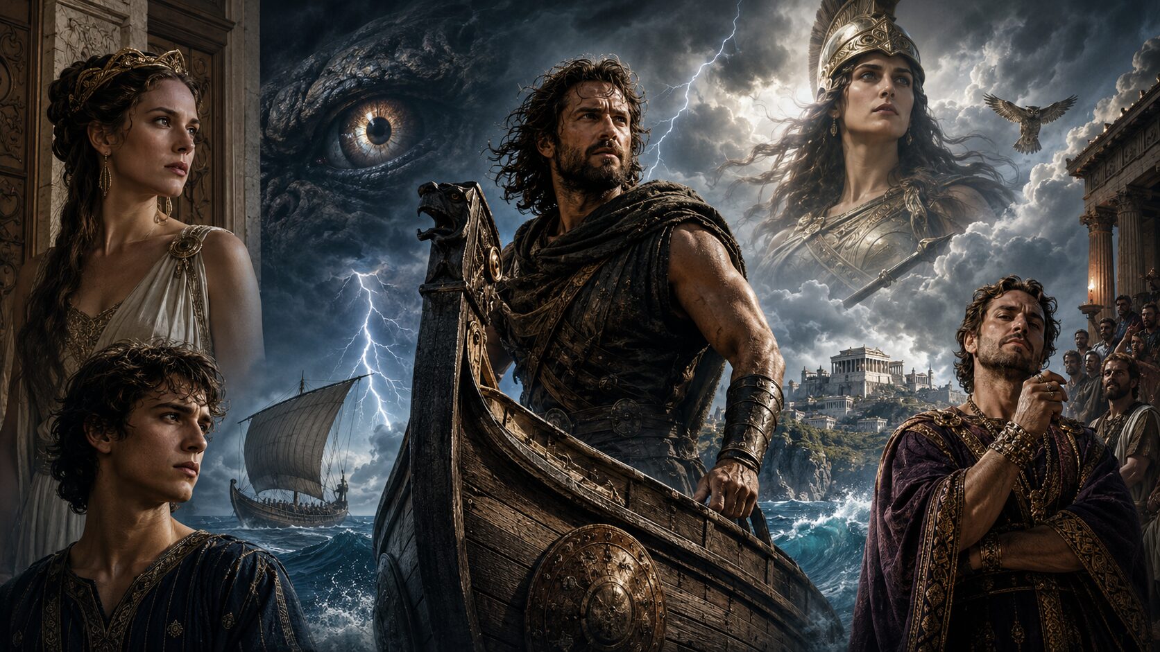 Ilustração cinematográfica de Odisseu em um navio, acompanhado por Penélope, Telêmaco, Atena e um pretendente durante uma tempestade no mar.
