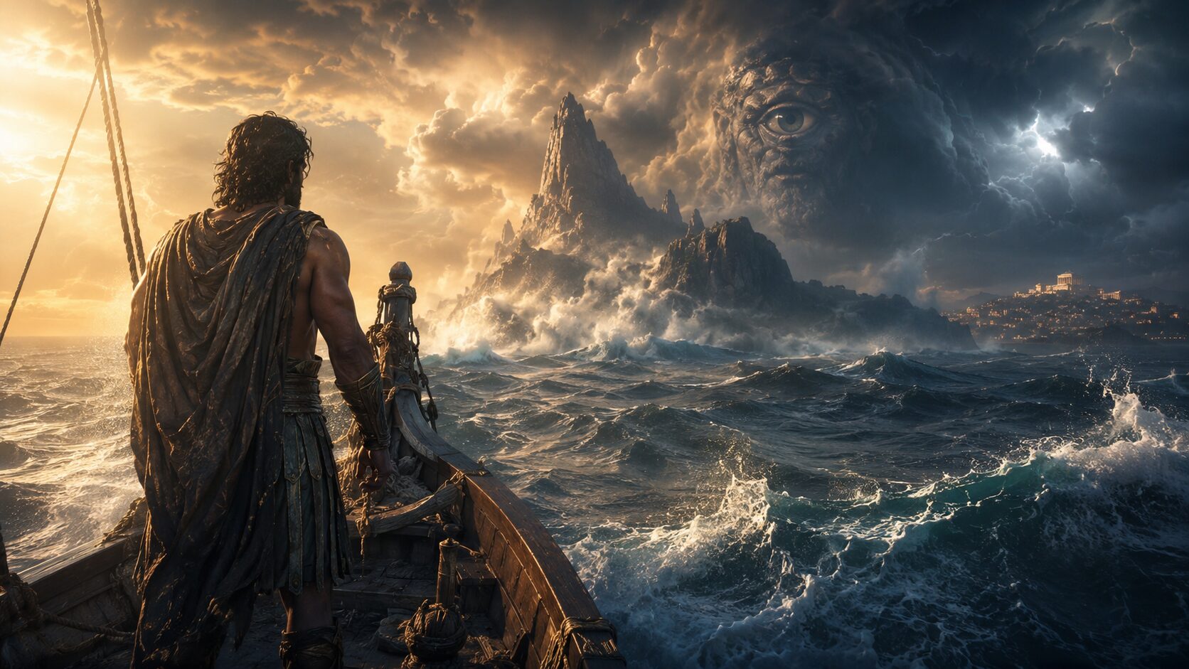 Odisseu em um navio diante de um mar revolto, uma ilha rochosa e a figura de um ciclope entre as nuvens