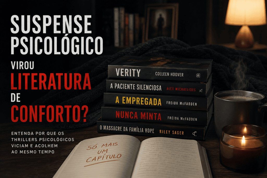 Pessoa lendo suspense psicológico em ambiente escuro e acolhedor.