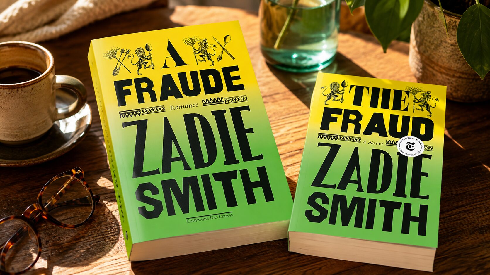 Edições em português e inglês de A fraude, de Zadie Smith, sobre uma mesa com café e óculos.