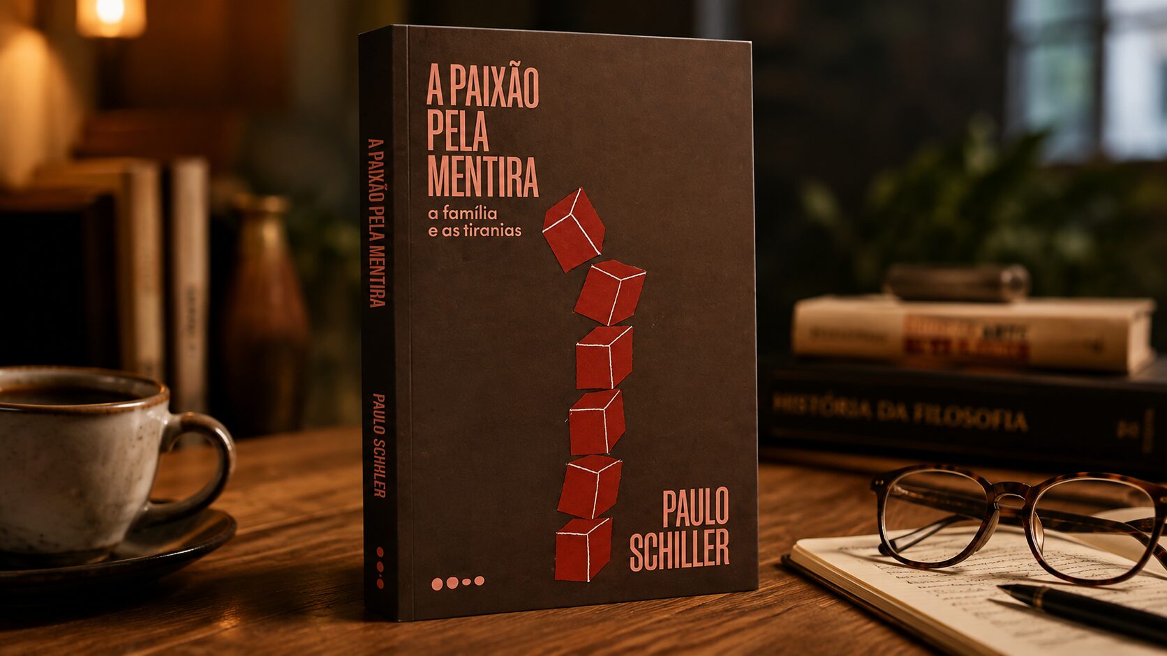 Livro A paixão pela mentira, de Paulo Schiller, sobre uma mesa com café, caderno e óculos