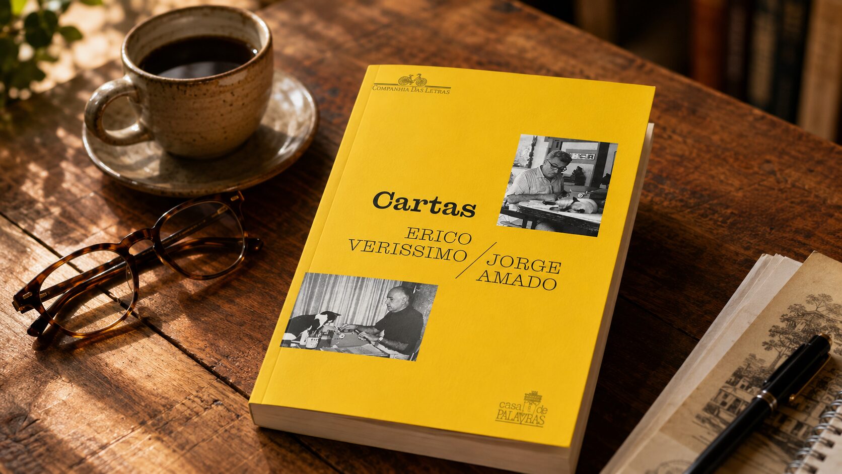 Livro Cartas, de Erico Verissimo e Jorge Amado, sobre uma mesa de madeira com café e óculos