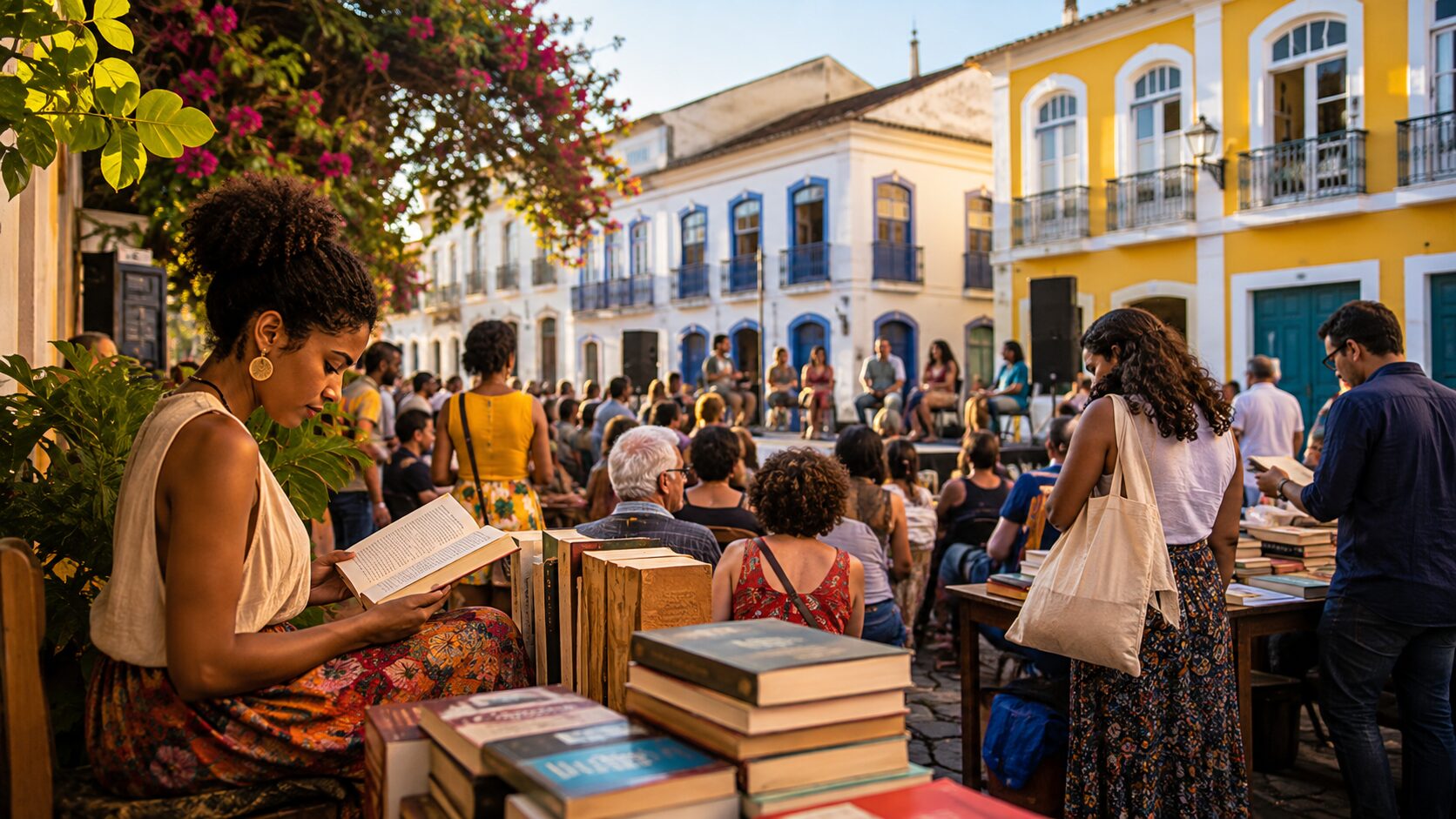 Imagem ilustrativa de uma leitora em evento literário ao ar livre, com livros, público e arquitetura histórica brasileira.