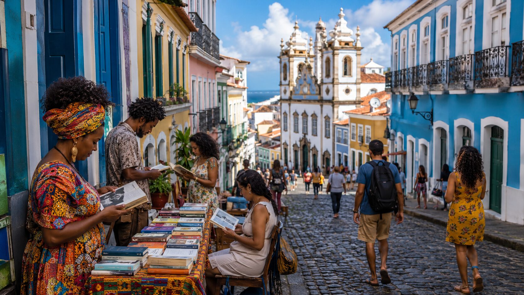 Pessoas folheando livros em uma rua do Centro Histórico de Salvador em cena inspirada na Flipelô 2026