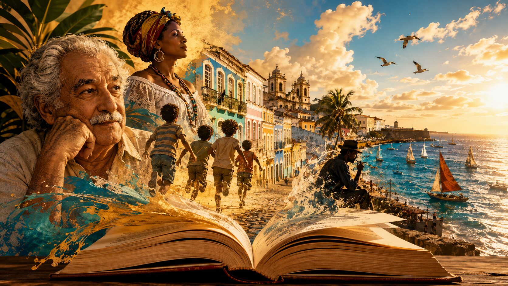 Ilustração inspirada no universo literário de Jorge Amado, com Salvador, o mar, crianças correndo e um livro aberto