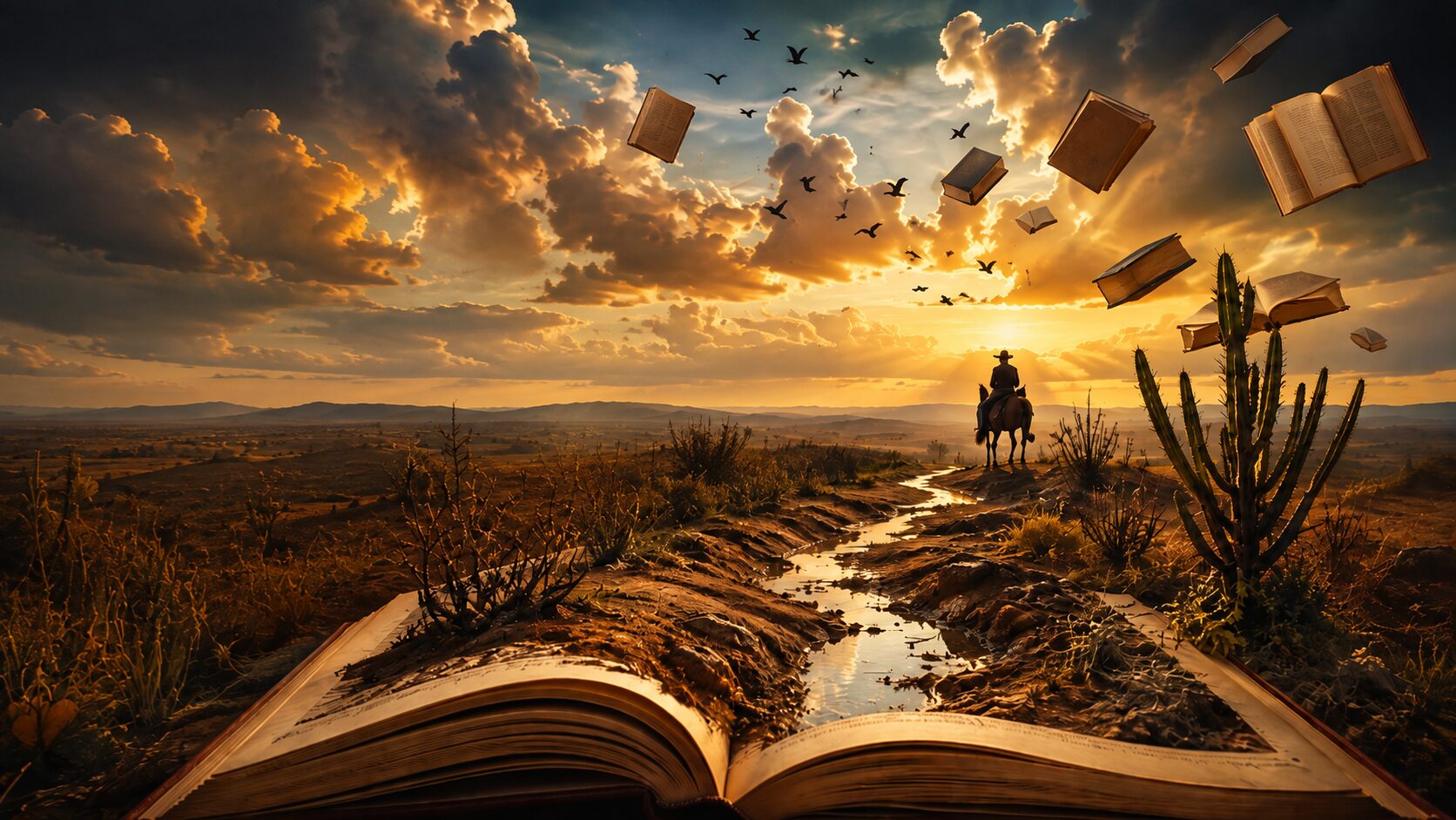 Livro aberto se transforma em uma paisagem do sertão ao pôr do sol, com cavaleiro e livros flutuando