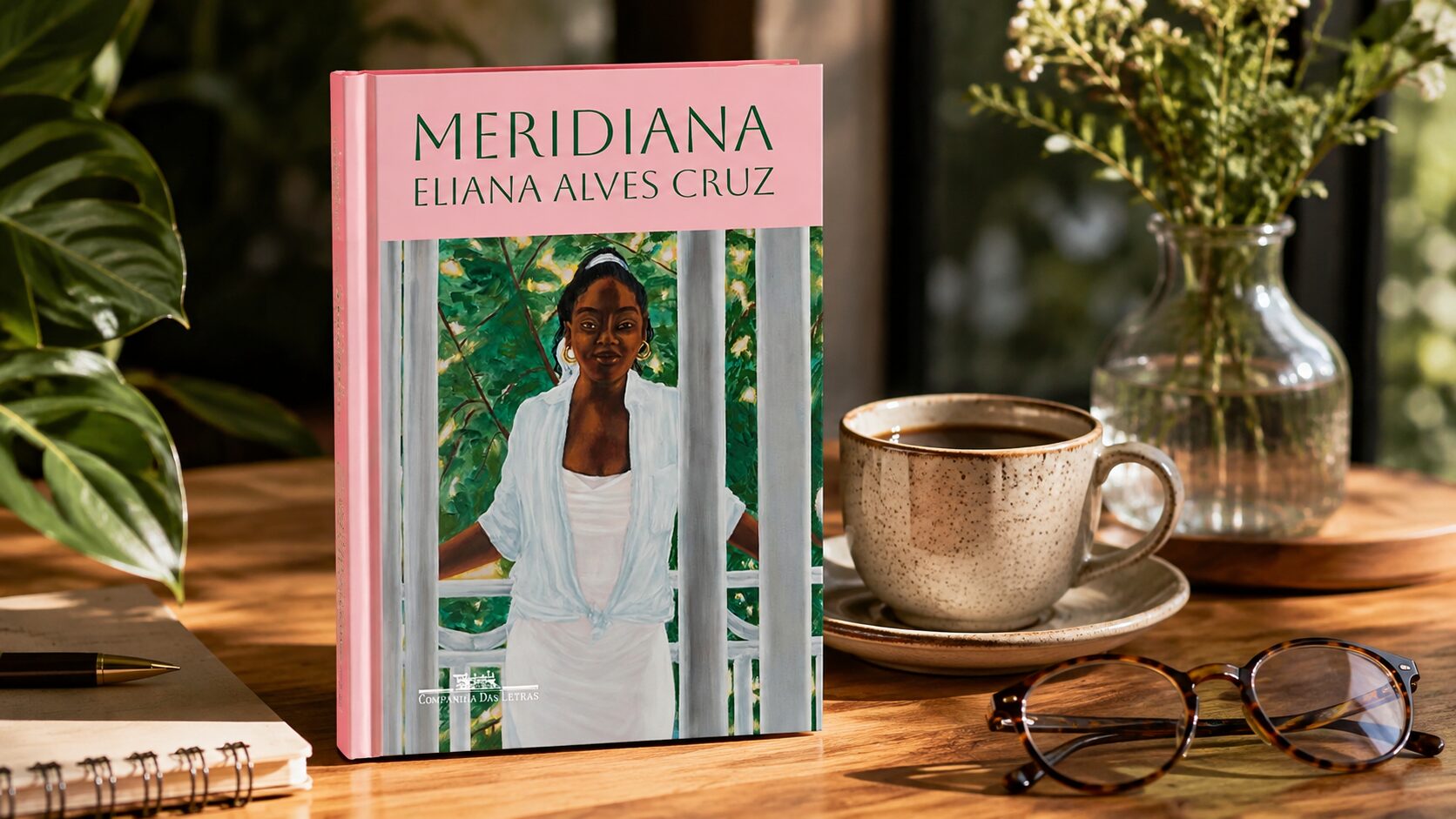 Livro Meridiana, de Eliana Alves Cruz, sobre uma mesa de madeira com café e óculos