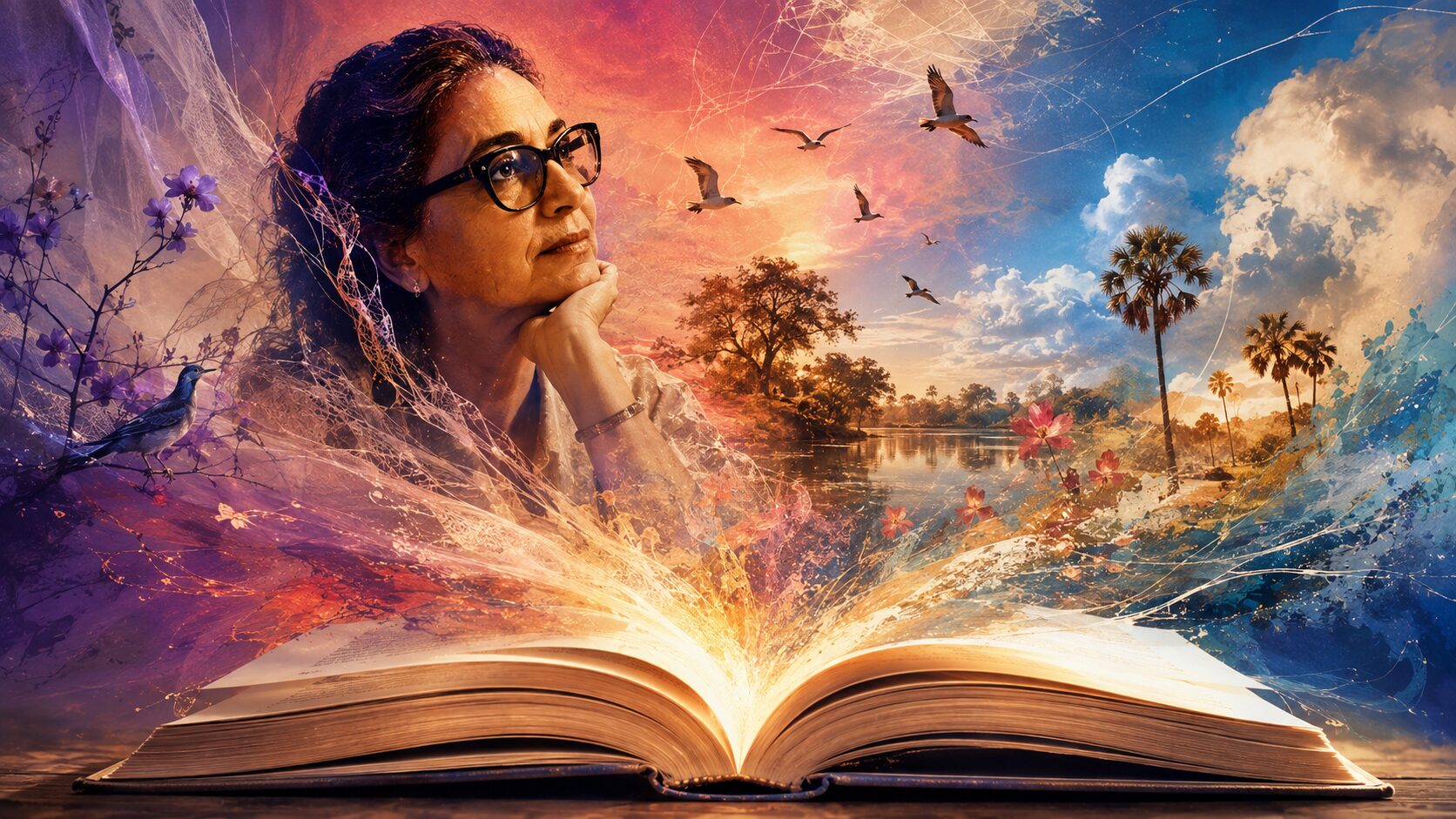 Livro aberto iluminado com pássaros, flores, água e figura feminina contemplativa em universo poético inspirado em Orides Fontela.