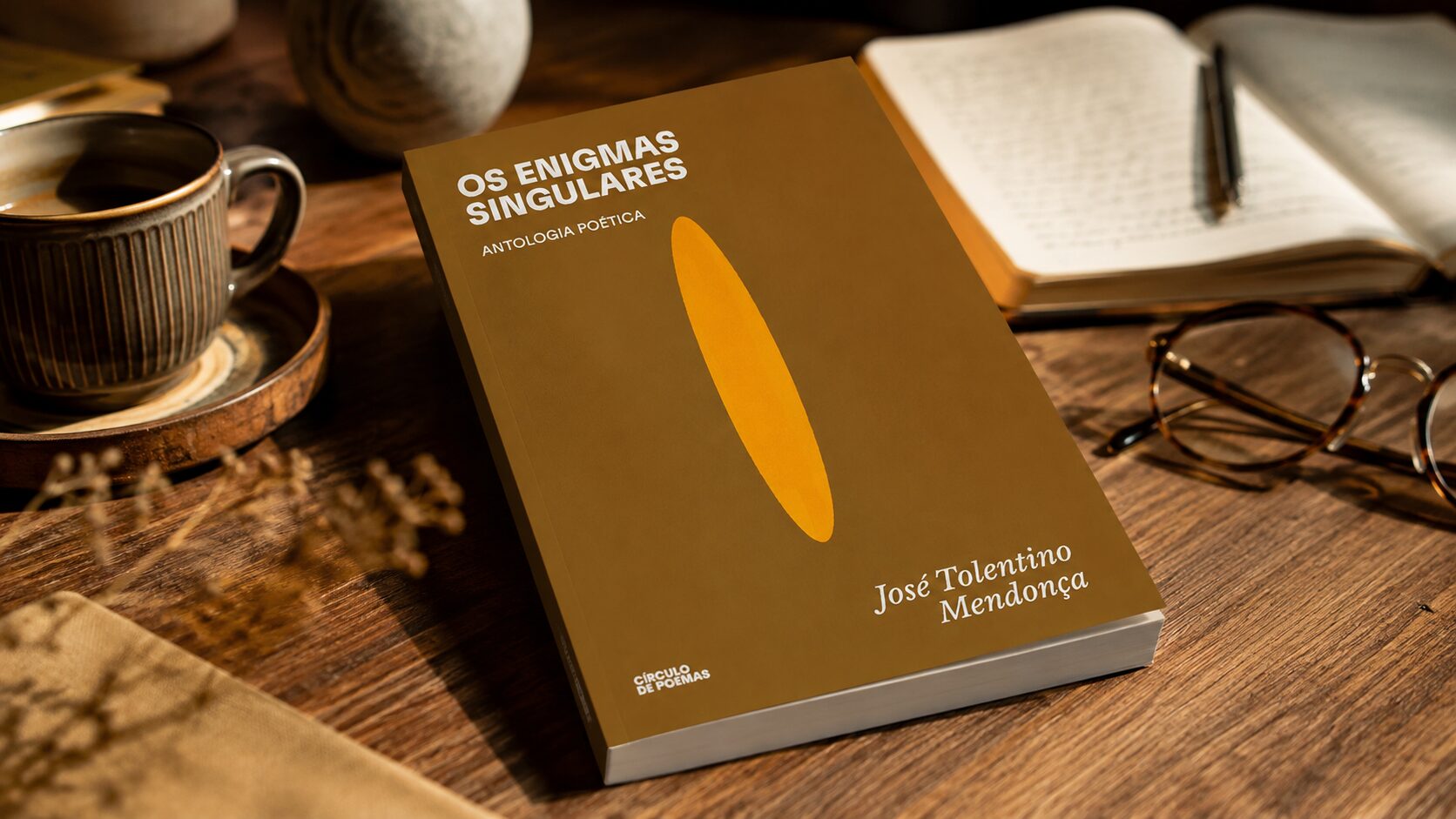 Livro Os enigmas singulares, de José Tolentino Mendonça, sobre mesa de madeira com café, caderno e óculos