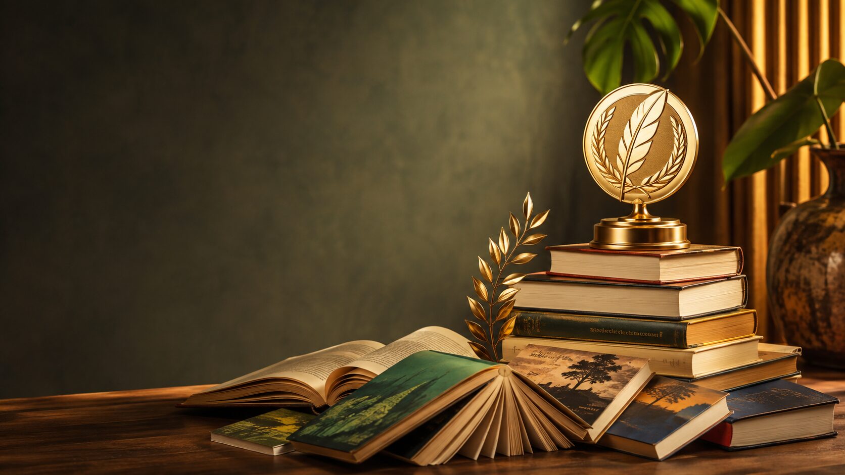Livros abertos e empilhados ao lado de um troféu dourado, representando os prêmios literários brasileiros.