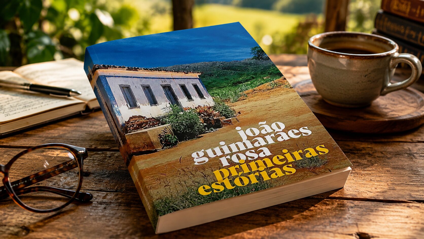 Livro Primeiras estórias, de João Guimarães Rosa, sobre uma mesa de madeira