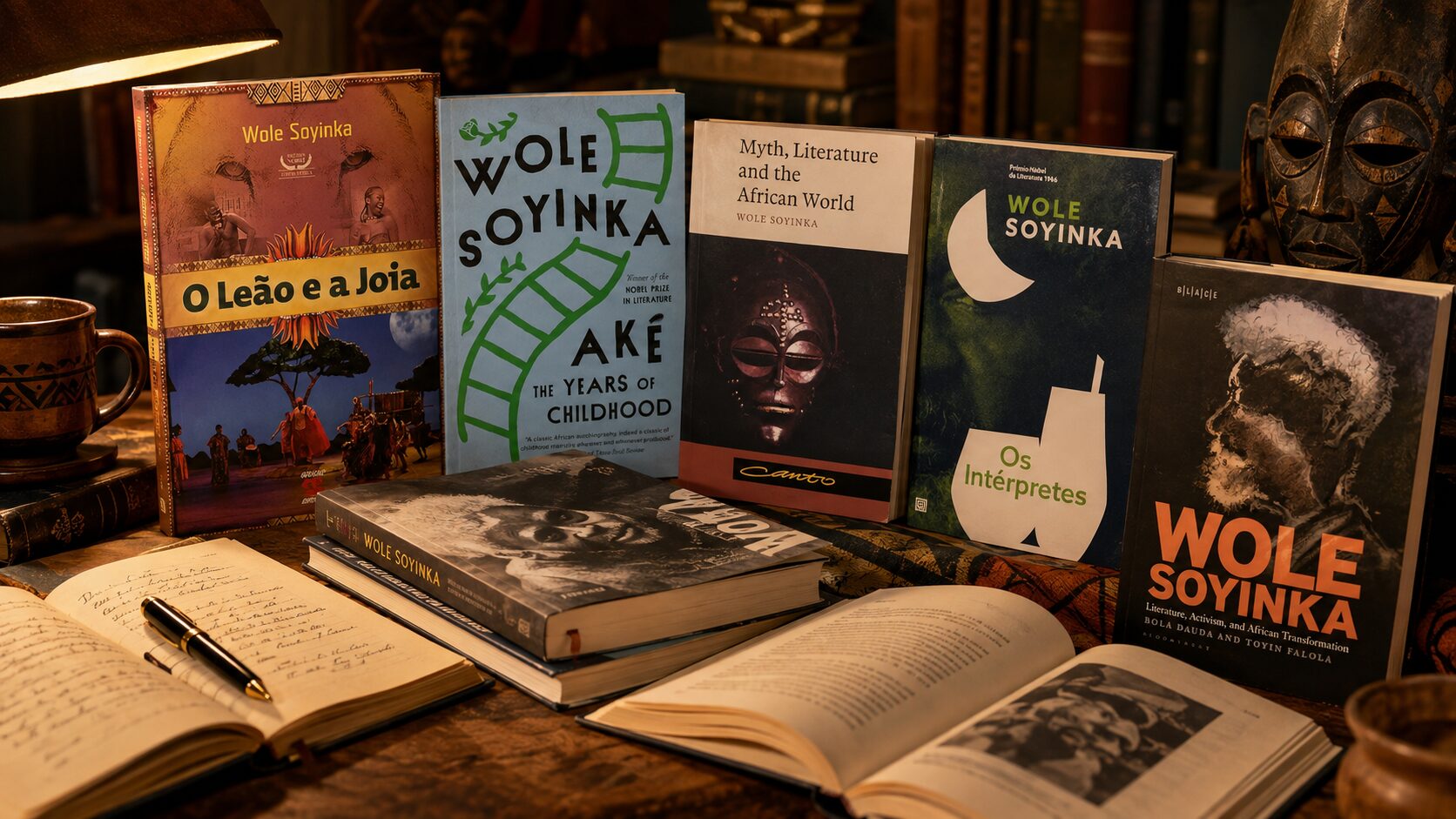 Livros de e sobre Wole Soyinka reunidos sobre uma mesa de leitura, incluindo Aké, O Leão e a Joia, Os Intérpretes e Mito, literatura e o mundo africano