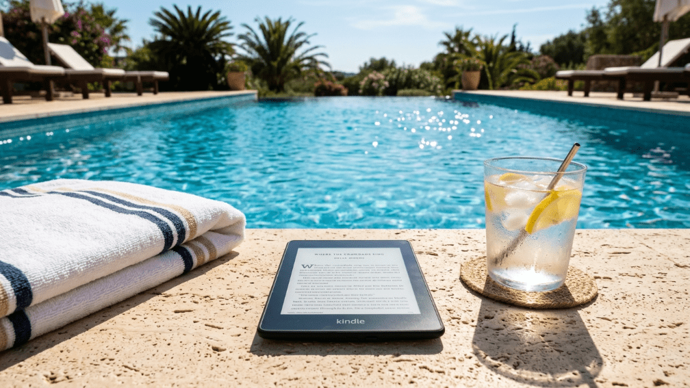 Leitor digital Kindle exibindo uma página de livro, repousando na borda de pedra de uma piscina. À esquerda, uma toalha branca dobrada com listras azuis e beges. À direita, um copo com água, gelo, rodelas de limão e um canudo de metal sobre um porta-copos redondo. Ao fundo, águas cristalinas da piscina, espreguiçadeiras e palmeiras em um dia ensolarado.