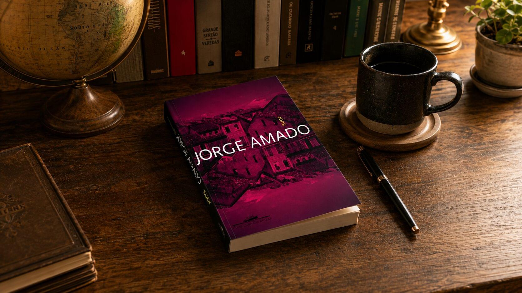 Livro Suor, de Jorge Amado, sobre mesa de madeira com café, caneta, globo e livros ao fundo