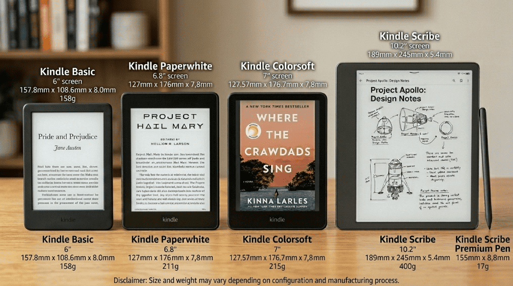 Imagem comparativa de quatro modelos de leitores digitais Amazon Kindle lado a lado em uma mesa de madeira, mostrando os nomes, tamanhos de tela, dimensões exatas em milímetros e peso em gramas de cada um: Kindle Basic, Kindle Paperwhite, Kindle Colorsoft e Kindle Scribe com a caneta Premium Pen.