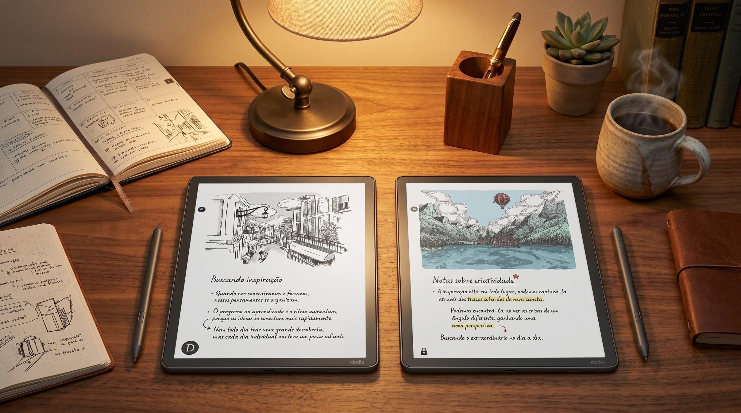 Dois leitores digitais sobre uma mesa de madeira iluminada por uma luminária. À esquerda, o Kindle Scribe em preto e branco exibe o desenho de uma rua e anotações sobre inspiração. À direita, o Kindle Scribe Colorsoft exibe em cores o desenho de uma paisagem com montanhas e balão, além de notas sobre criatividade com marcações em amarelo. Ambos possuem canetas stylus ao lado. O cenário inclui cadernos, caneca de café e uma pequena planta.