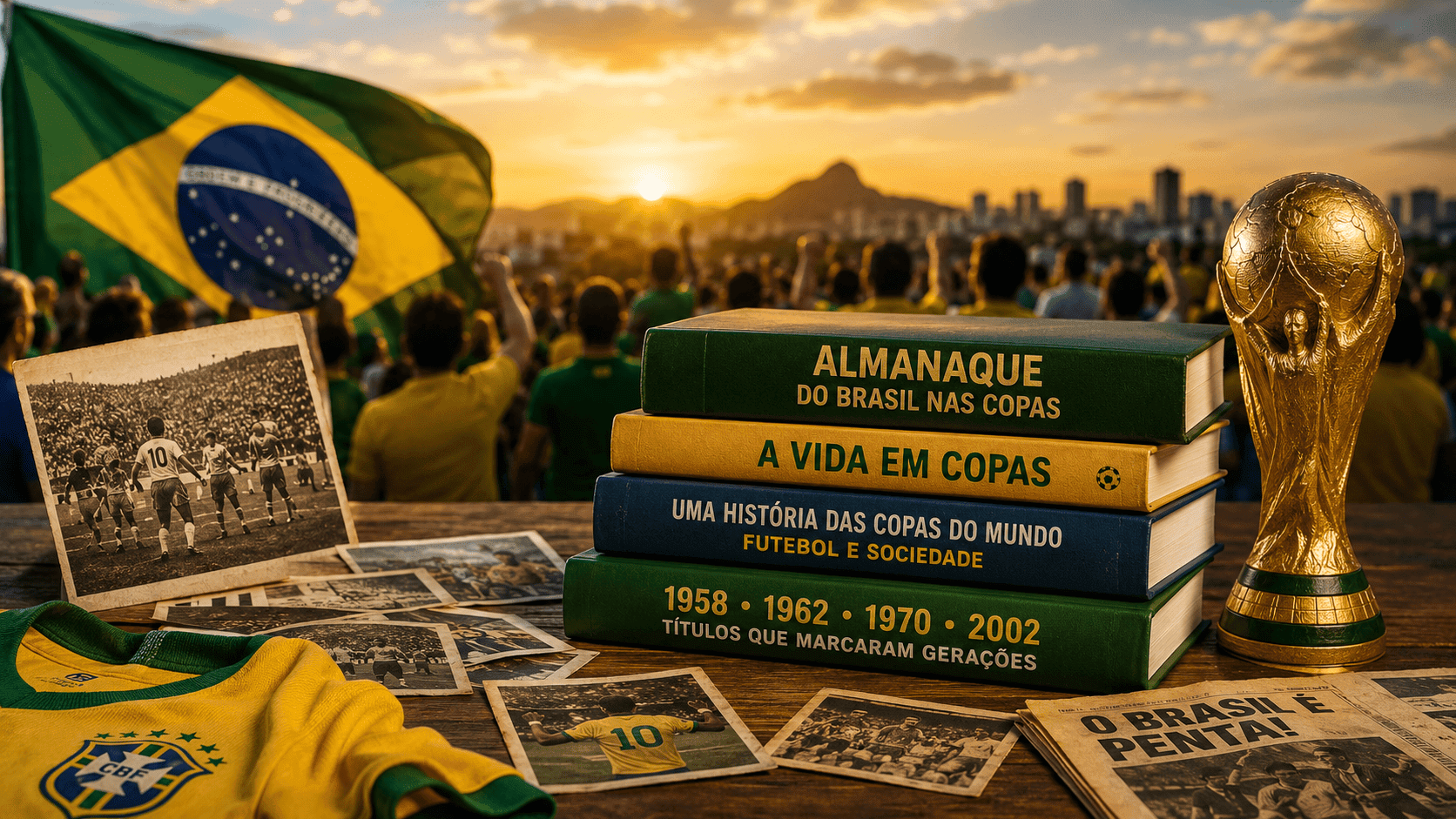 Torcedores brasileiros, livros e memórias da Copa do Mundo.