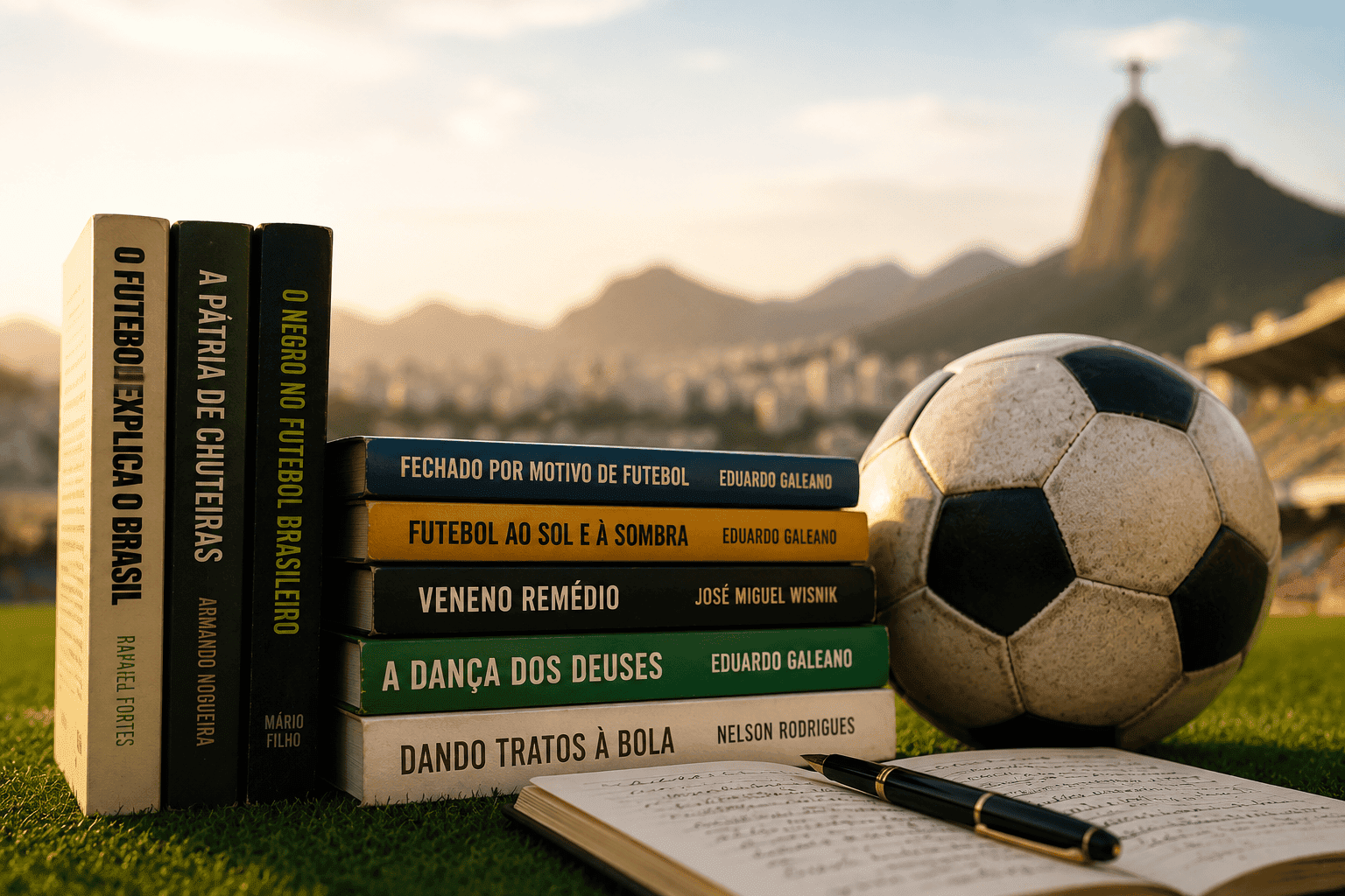 Bola de futebol usada ao lado de livros sobre o gramado, representando a relação entre literatura, futebol e Brasil.