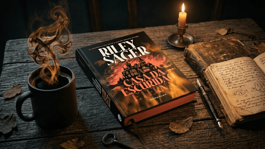 Livro "A Casa da Escuridão Eterna" de Riley Sager, edição da Darkside, sobre uma mesa de madeira com uma caneca fumegante, vela acesa e um caderno antigo aberto.