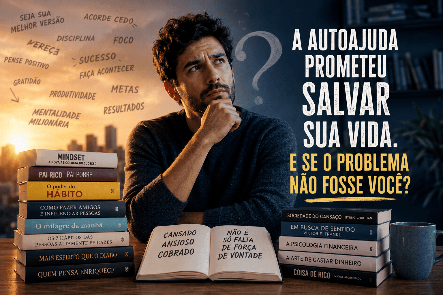 Pessoa cercada por livros de autoajuda refletindo se o problema não é você