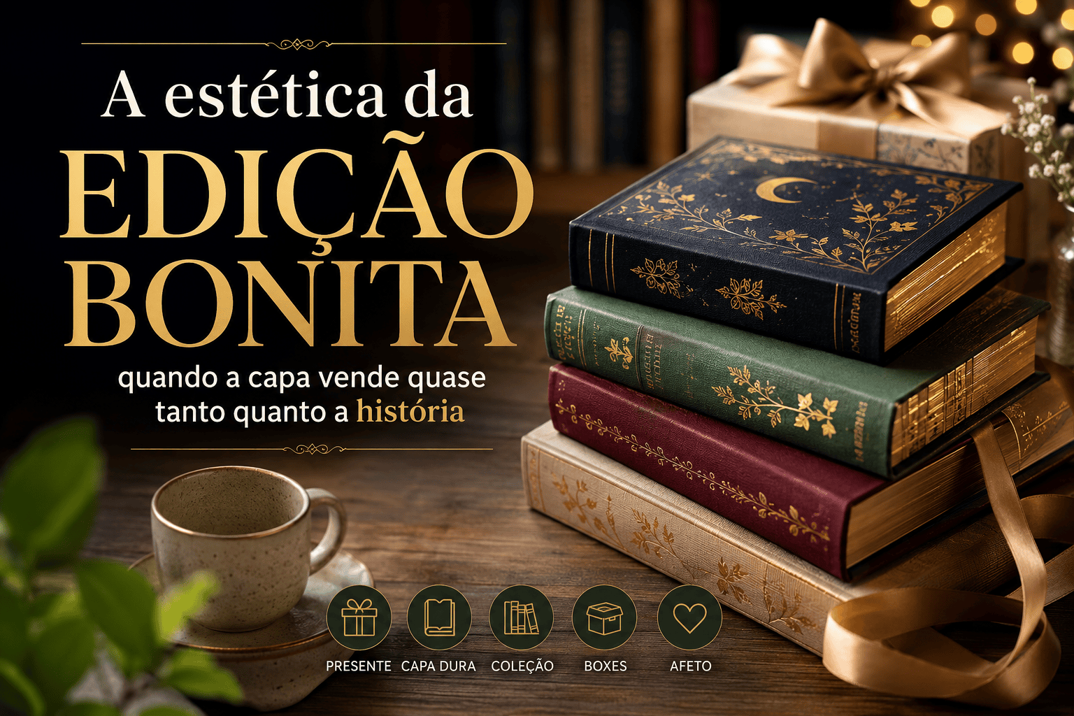 Livros de capa dura bonitos para presente em uma composição elegante.