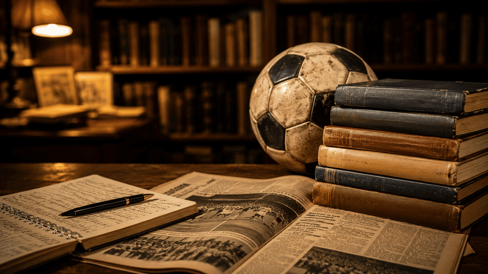 Bola de futebol antiga ao lado de livros, jornal esportivo e caderno de anotações, representando a relação entre futebol e literatura.
