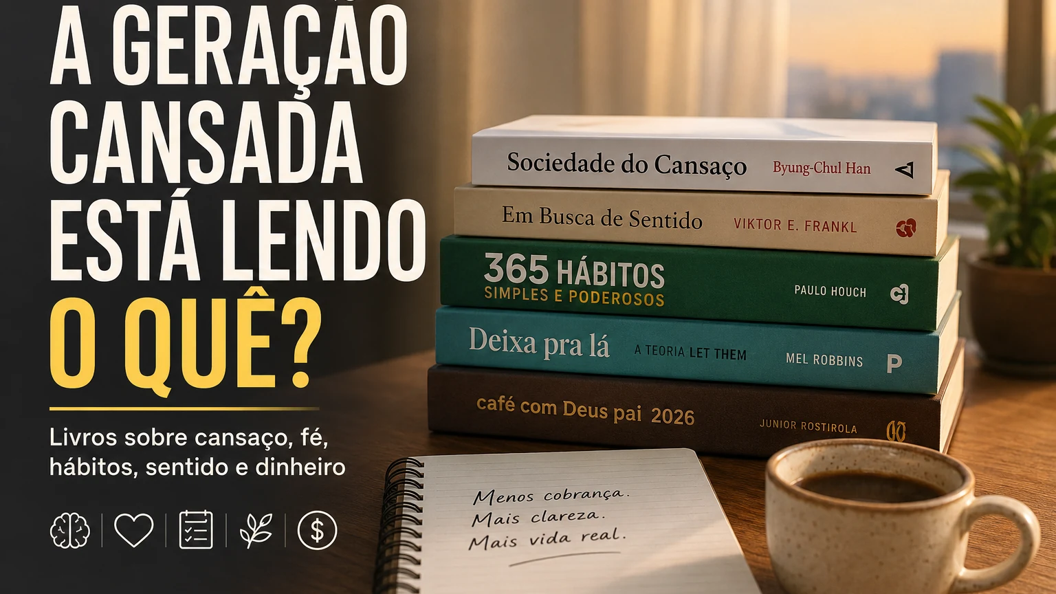 Pilha de livros sobre cansaço moderno, fé, hábitos e dinheiro em uma mesa com café.