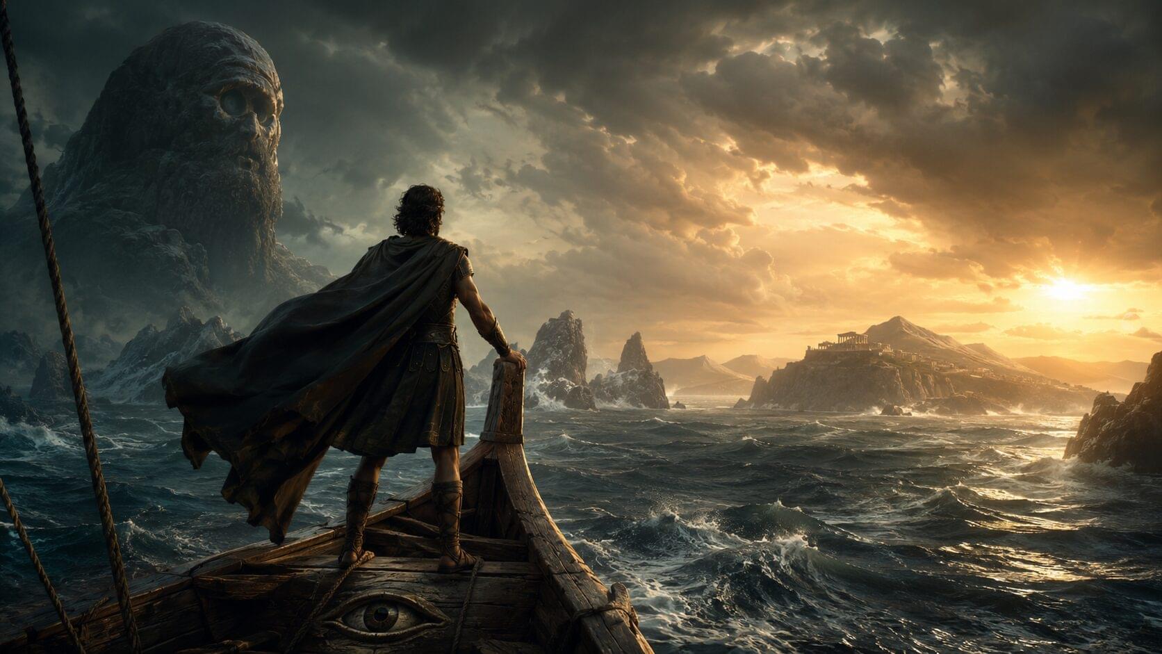 Herói grego enfrenta o mar revolto, com um ciclope e uma ilha iluminada ao fundo, em referência à Odisseia de Christopher Nolan. Imagem destacada do artigo, usada para representar a jornada de Odisseu e a relação entre o filme de Christopher Nolan e os livros sobre a Odisseia.
