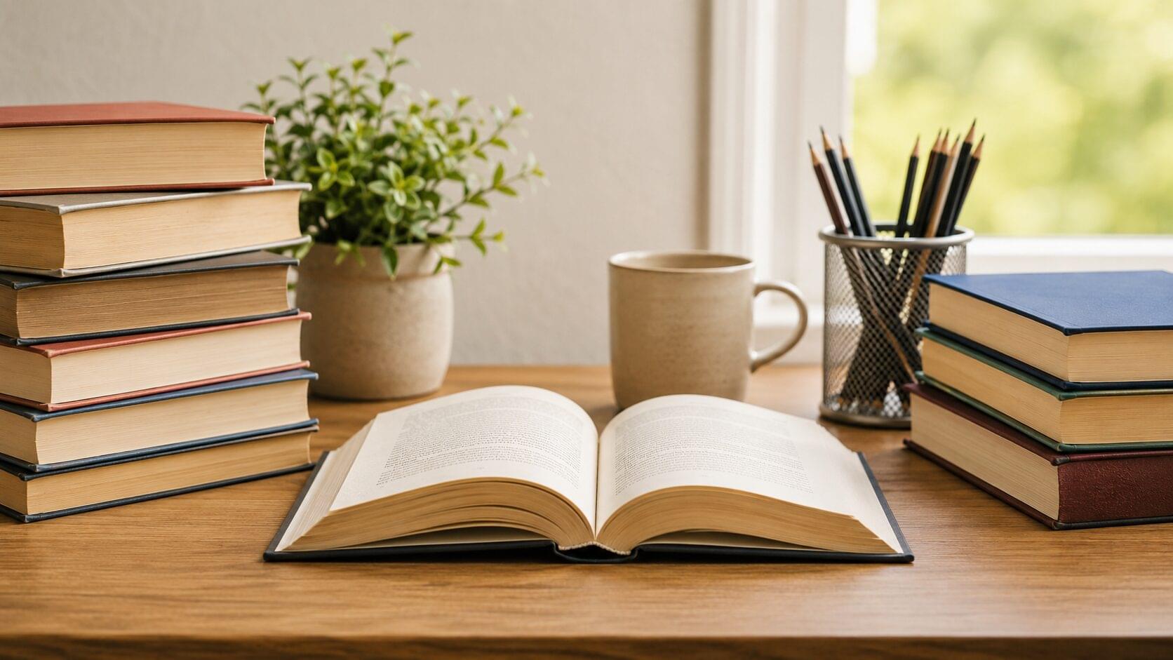 Livros abertos e empilhados sobre uma mesa de estudo para escolher edições de vestibular