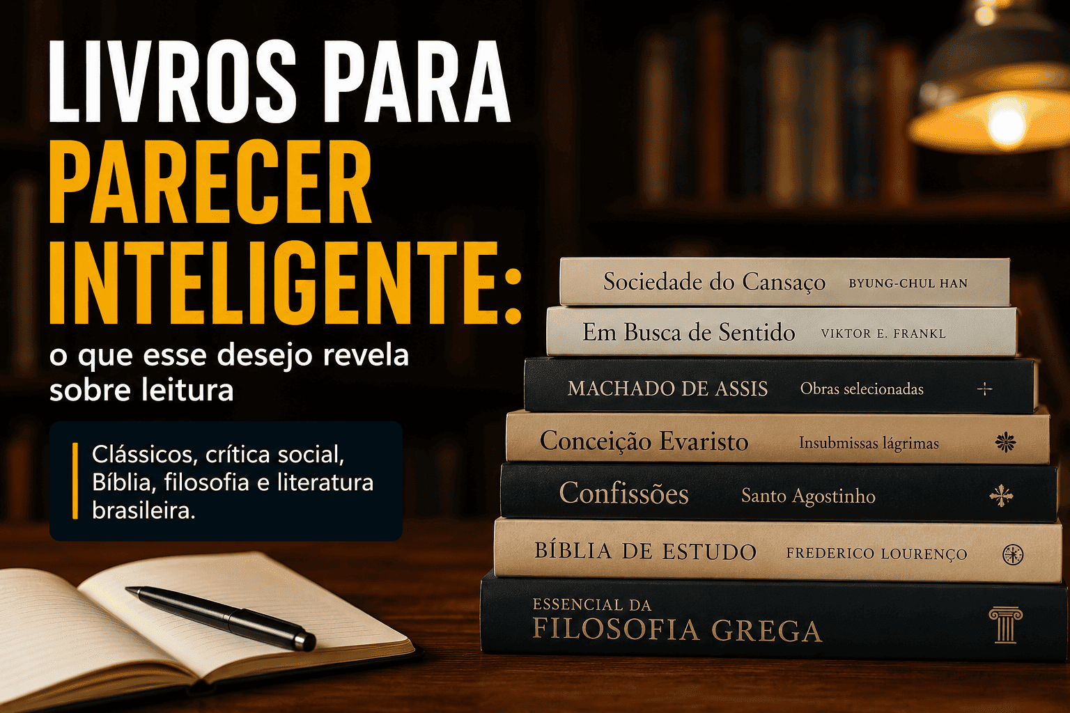 Livros sobre repertório, filosofia, Bíblia e literatura brasileira em uma mesa de leitura.