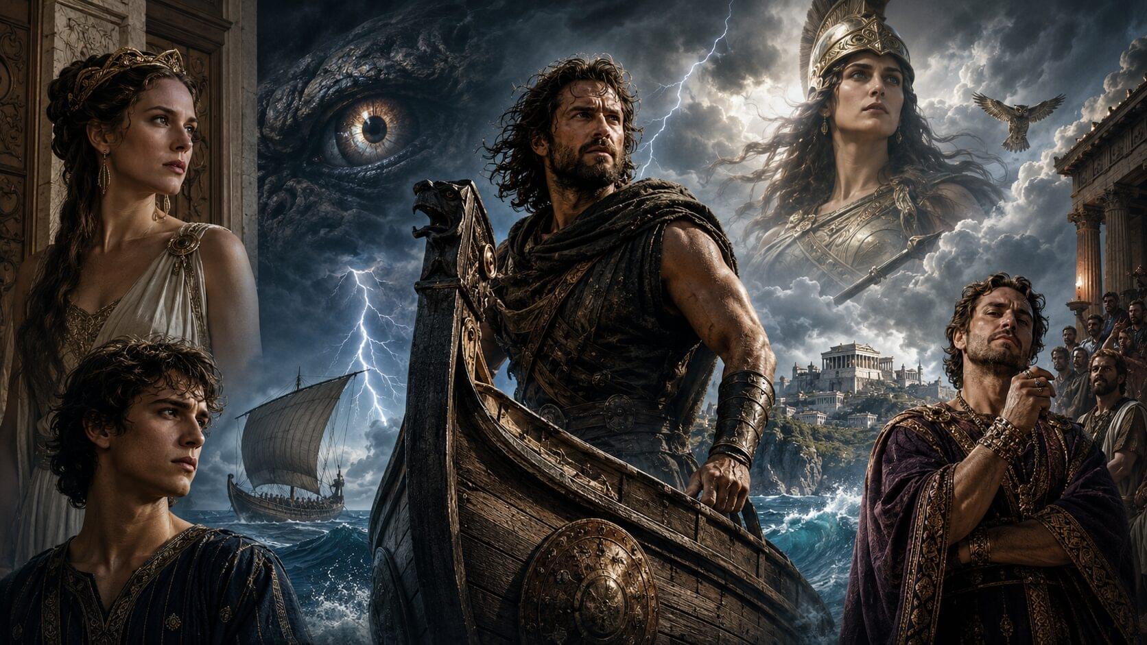 Ilustração cinematográfica de Odisseu em um navio, acompanhado por Penélope, Telêmaco, Atena e um pretendente durante uma tempestade no mar.