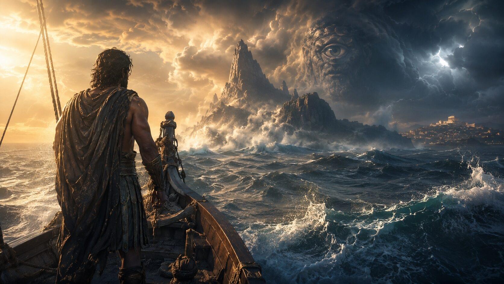 Odisseu em um navio diante de um mar revolto, uma ilha rochosa e a figura de um ciclope entre as nuvens