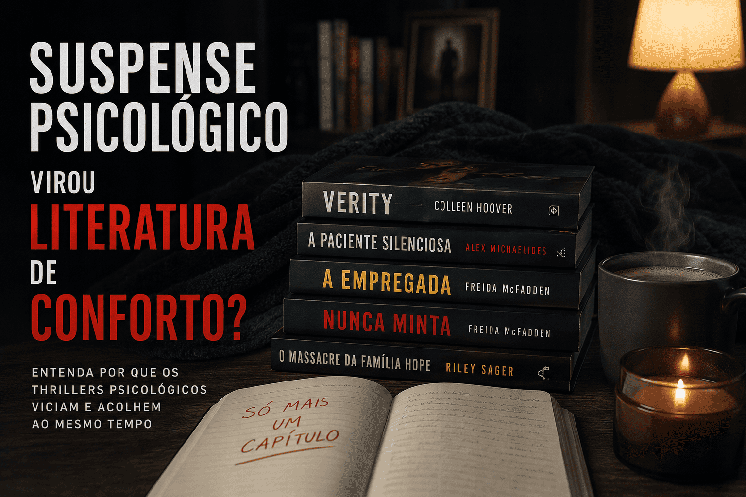 Pessoa lendo suspense psicológico em ambiente escuro e acolhedor.