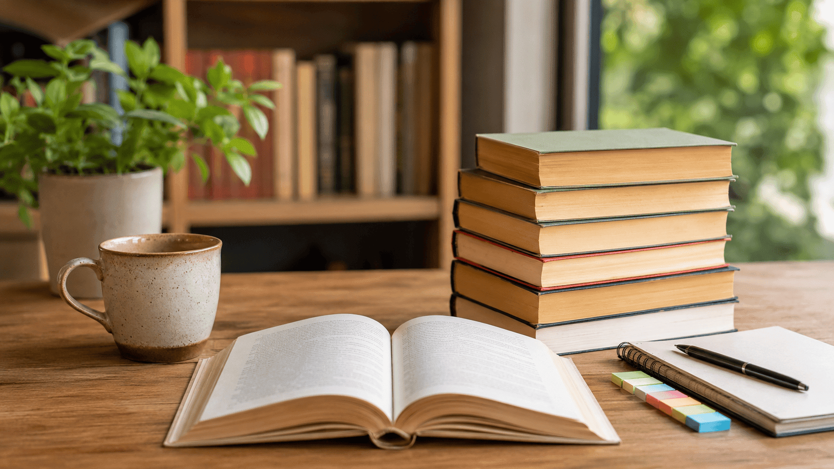 Livros abertos e cadernos de estudo para montar repertório literário para vestibular