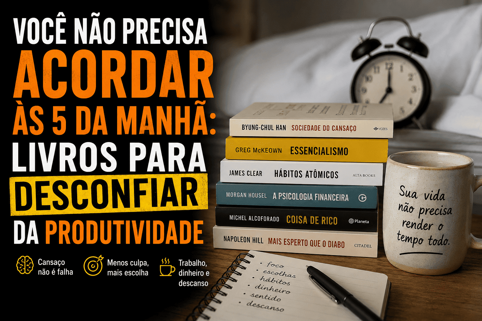 Livros para desconfiar da produtividade, com café, relógio e obras sobre cansaço, hábitos e trabalho.
