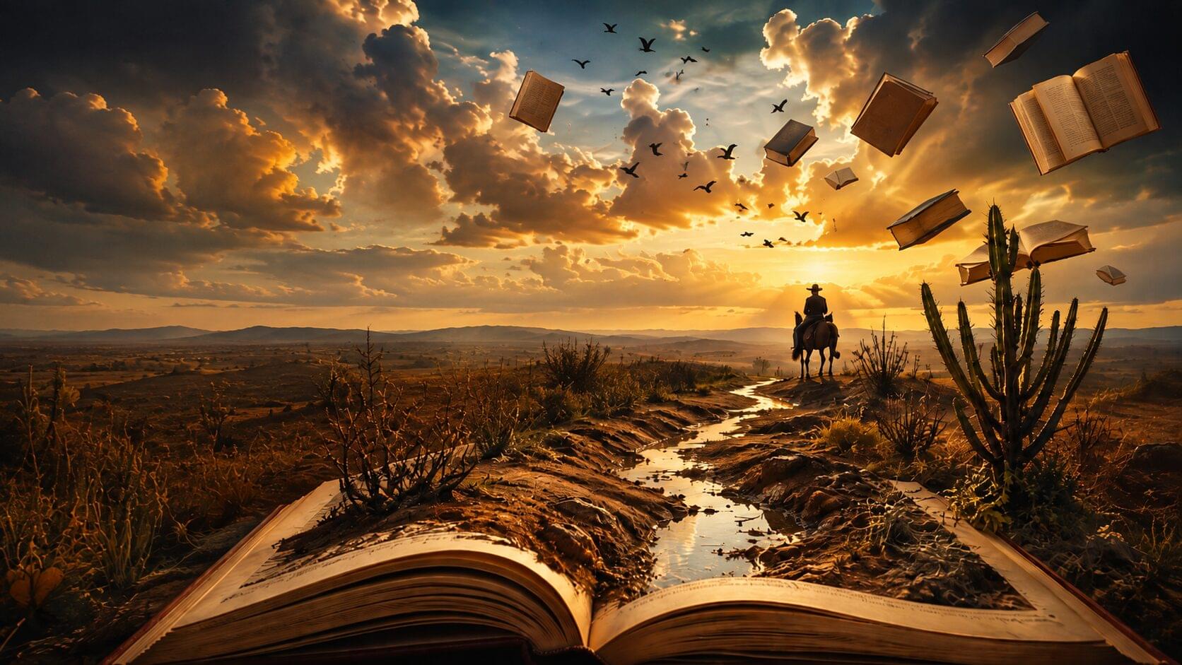 Livro aberto se transforma em uma paisagem do sertão ao pôr do sol, com cavaleiro e livros flutuando